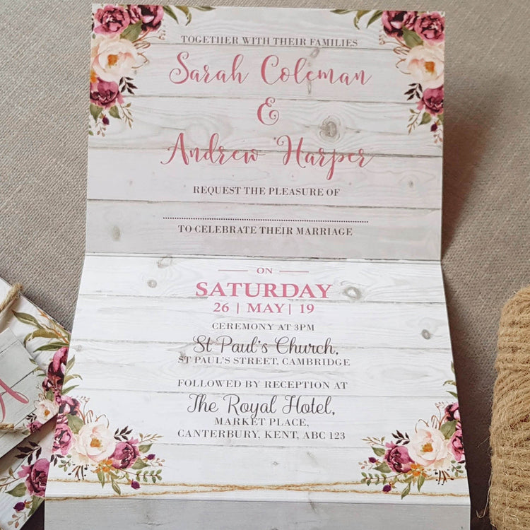 Floral On Wood Wedding and Evening Invitation