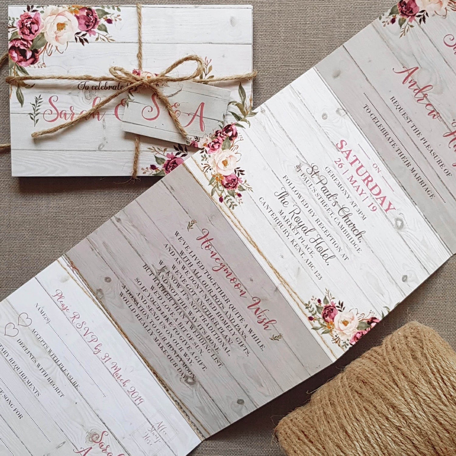 Floral On Wood Wedding and Evening Invitation