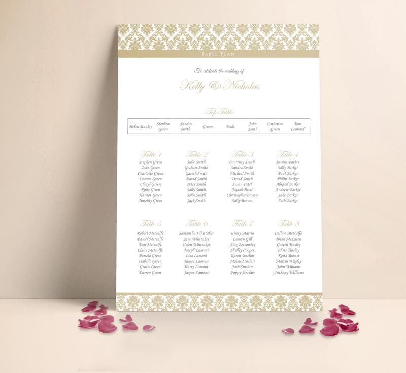 Gold Damask Wedding Table plan Seating Planner