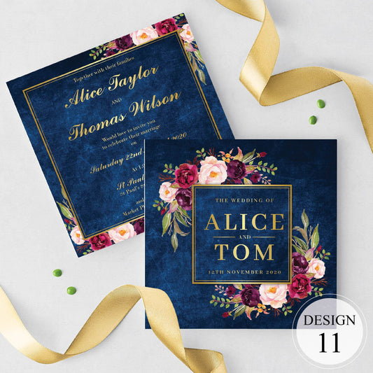 Gold Floral Wedding and Evening Invitation