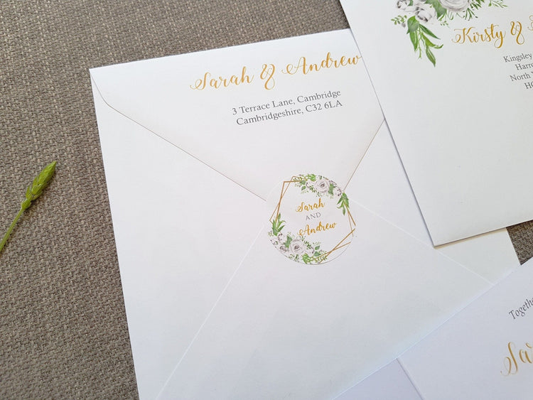 Gold White Roses Geometric Trifold Wedding Invitations
