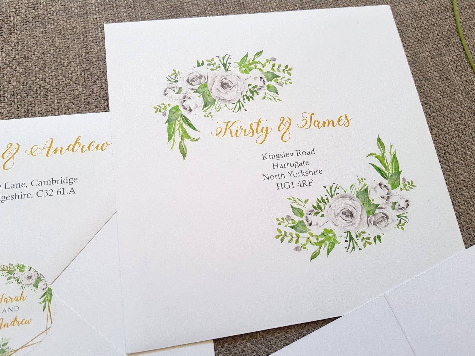 Gold White Roses Geometric Trifold Wedding Invitations