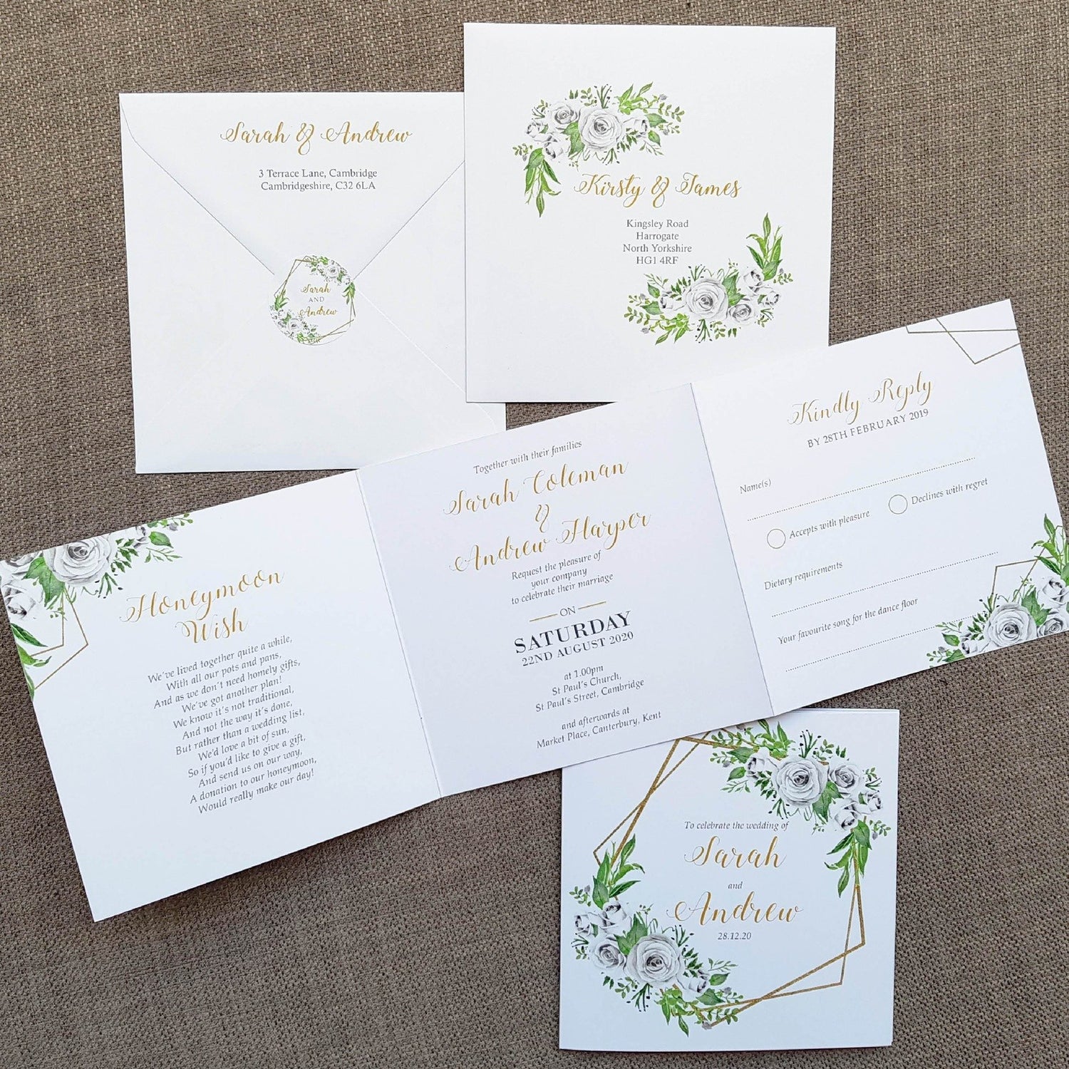 Gold White Roses Geometric Trifold Wedding Invitations