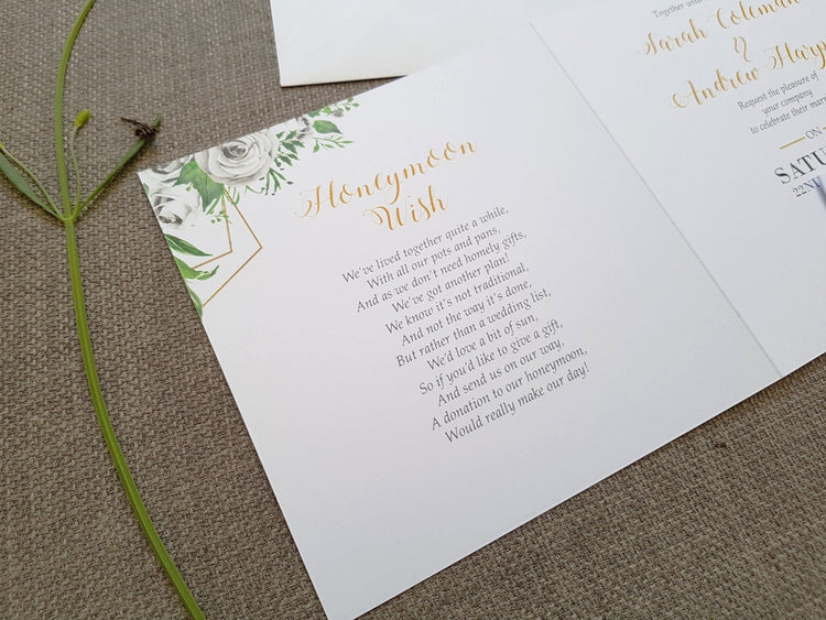 Gold White Roses Geometric Trifold Wedding Invitations