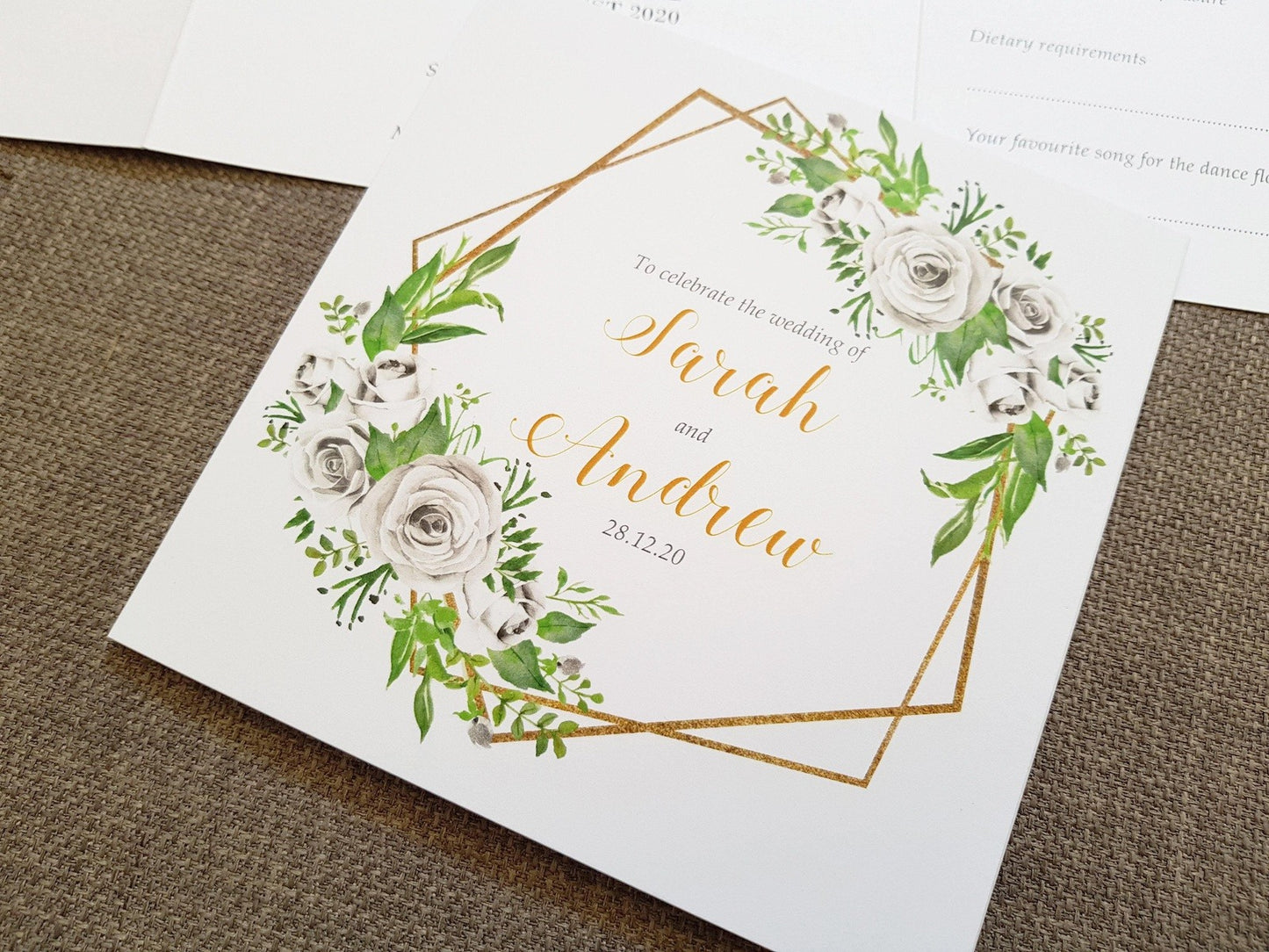 Gold White Roses Geometric Trifold Wedding Invitations