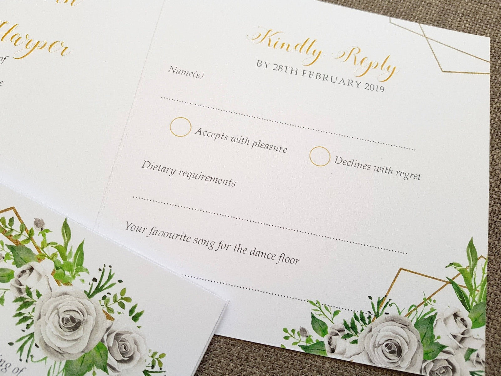 Gold White Roses Geometric Trifold Wedding Invitations