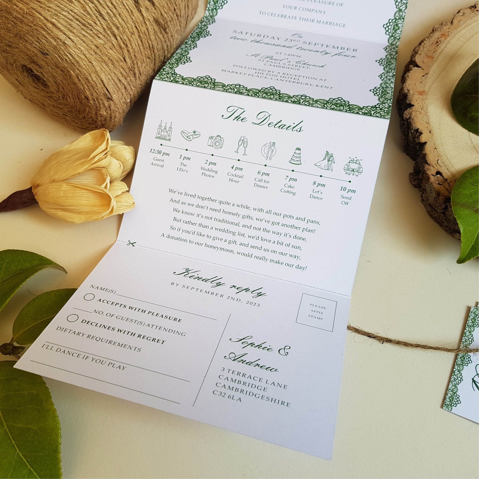 Green Lace Concertina Wedding Invitations Sample Sienna Mai