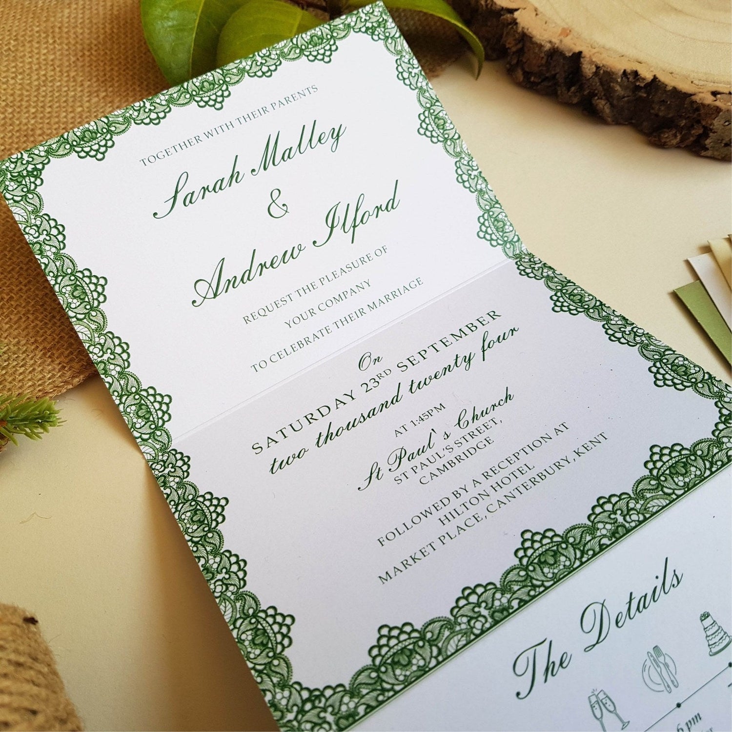 Green Lace Concertina Wedding Invitations Sample Sienna Mai