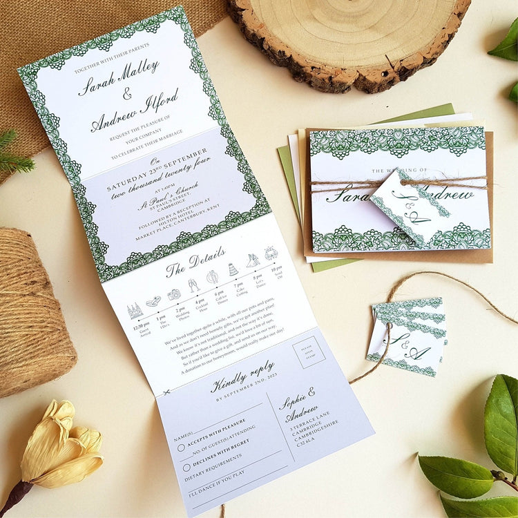 Green Lace Concertina Wedding Invitations Sienna Mai