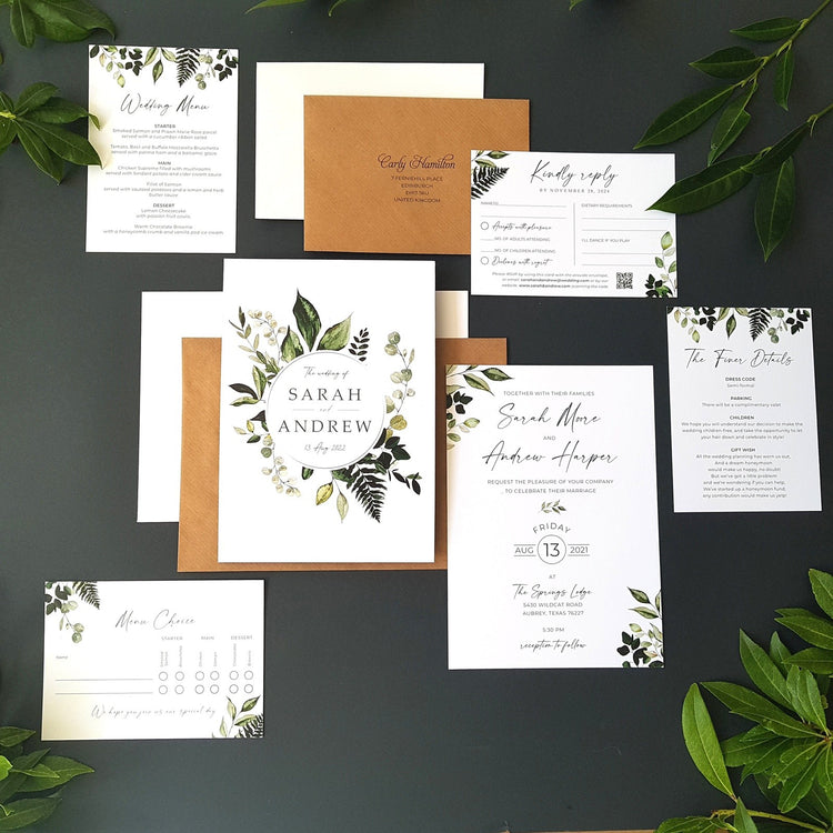 Greenery Wreath Wedding Invitations Set