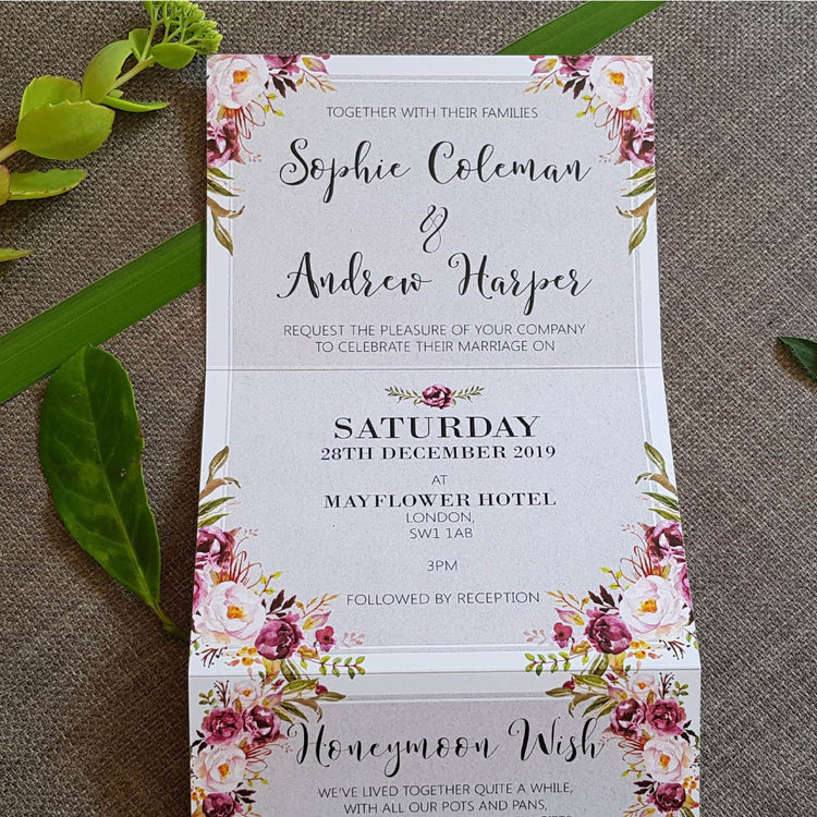 Grey Blush Floral Concertina Wedding Invitations