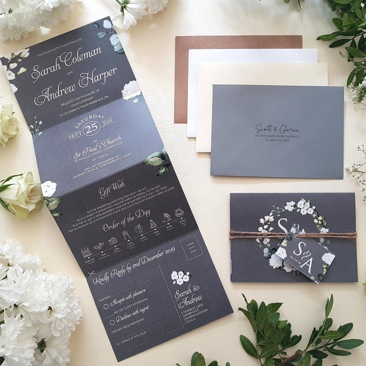 Grey & White Floral Concertina Wedding Invitation Sample
