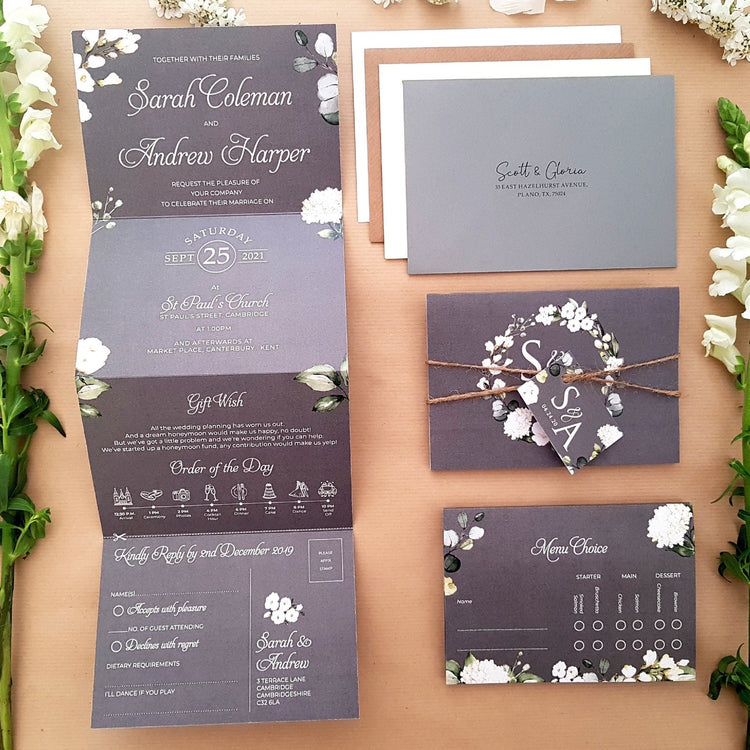 Grey & White Floral Friday Wedding Invitation Sample