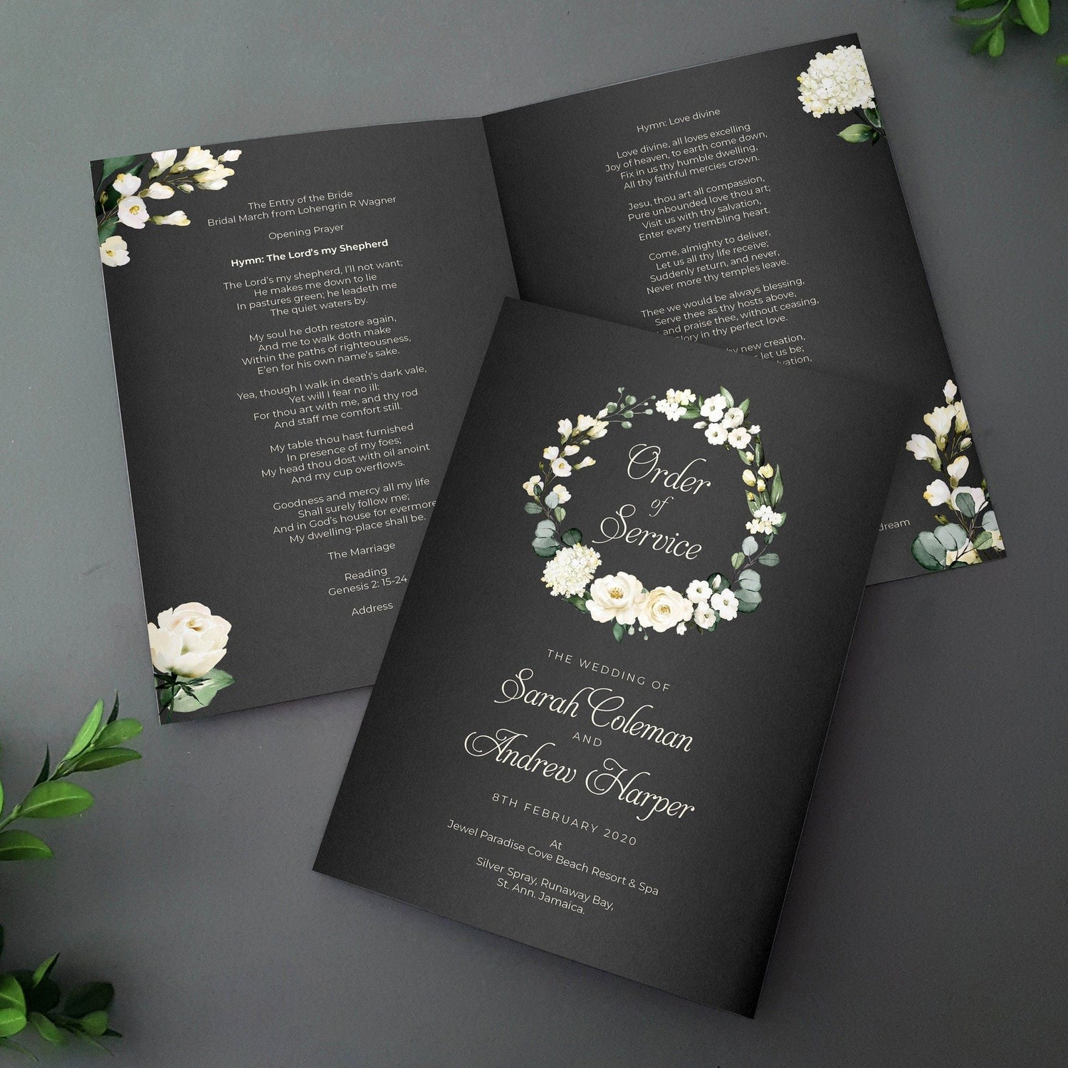 Grey White Floral Order of Service