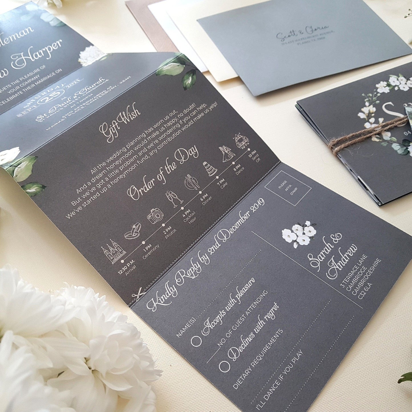 Grey & White Floral Wedding Invitations