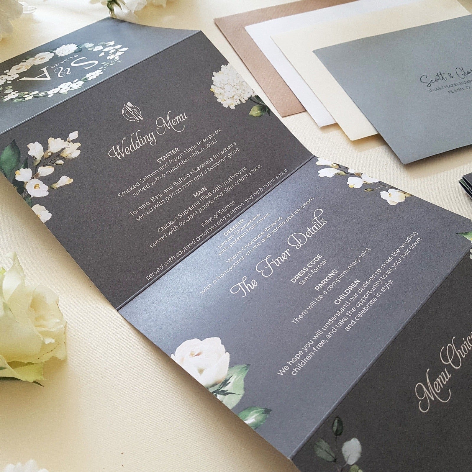 Grey & White Floral Wedding Invitations