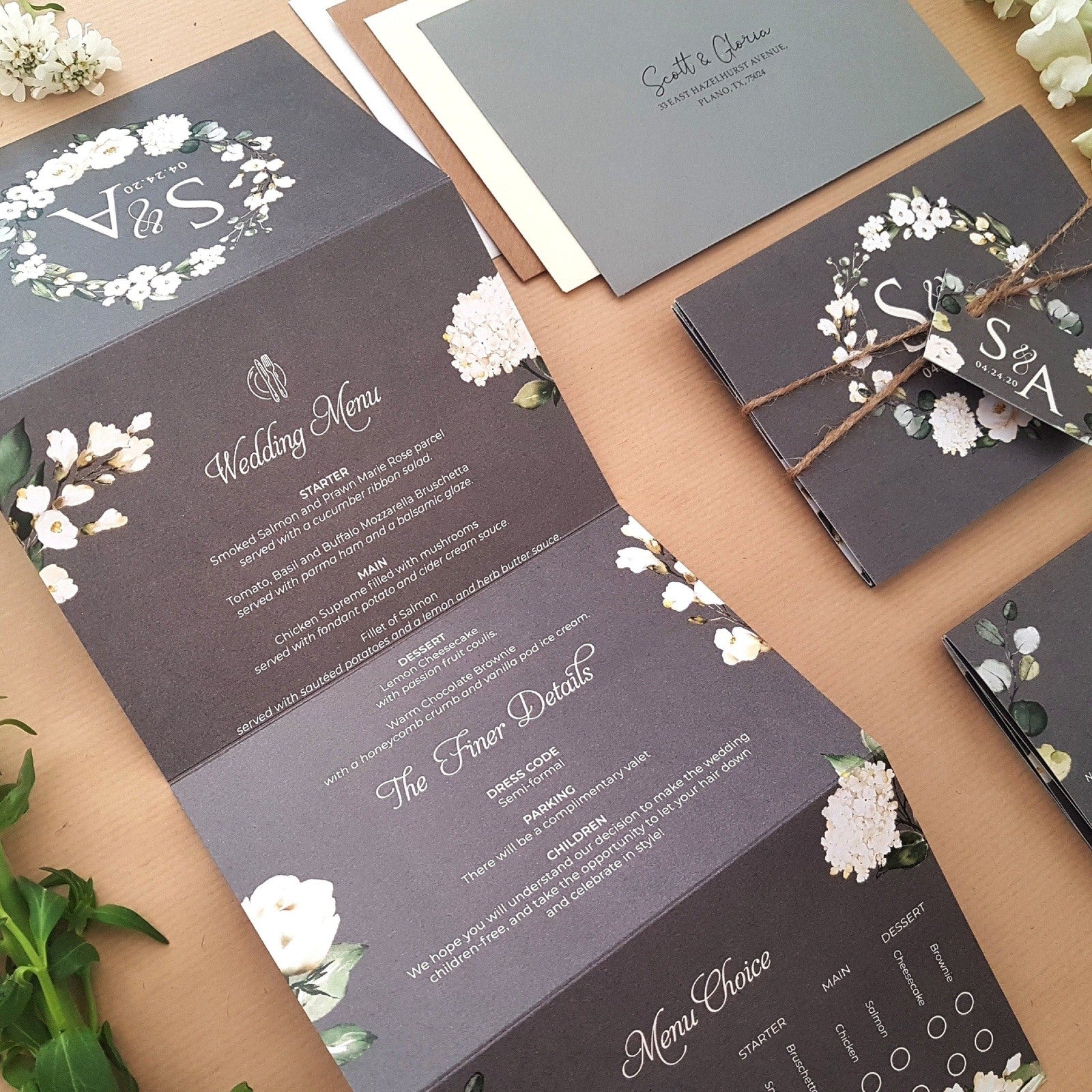 Grey & White Floral Wedding Invitations