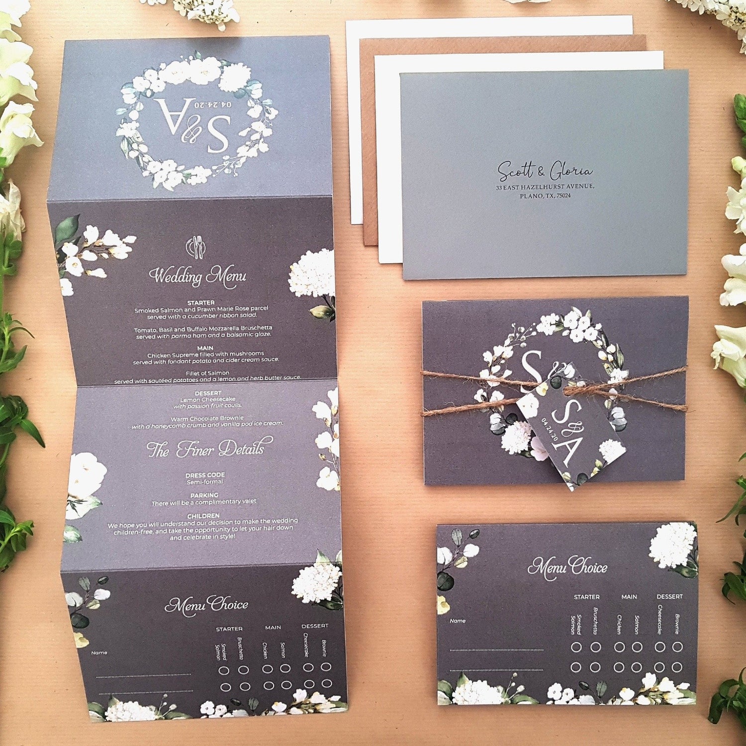 Grey & White Floral Wedding Invitations