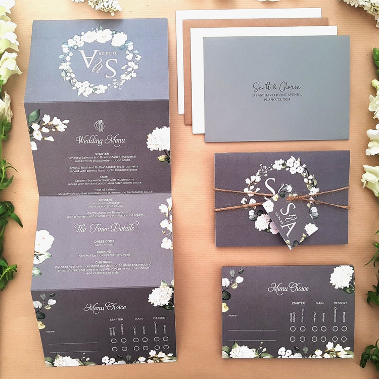 Grey & White Floral Wedding Invitations