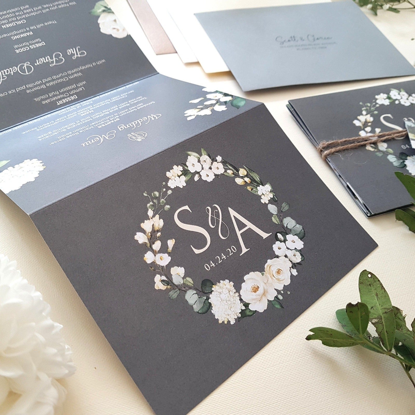 Grey & White Floral Wedding Invitations