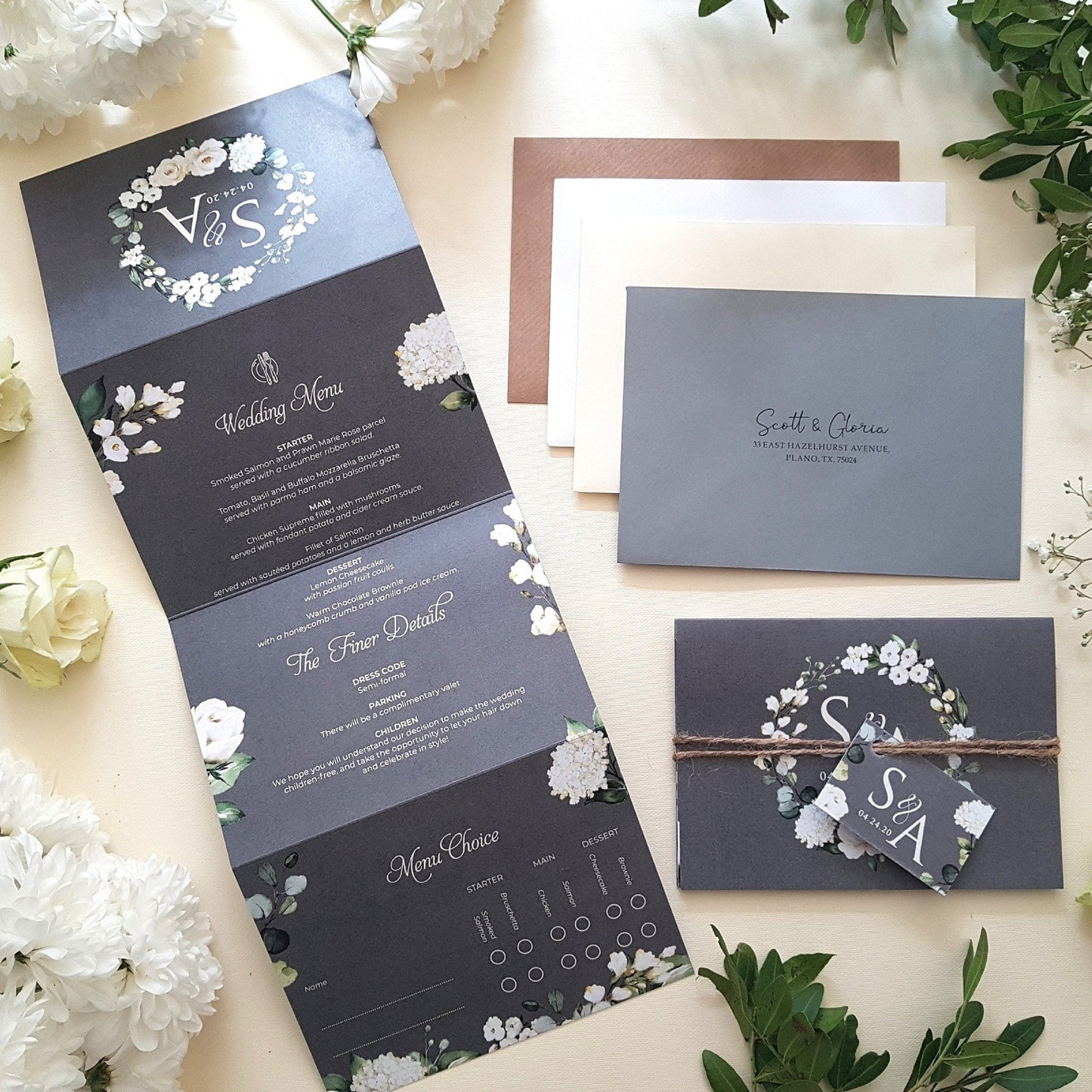Grey & White Floral Wedding Invitations