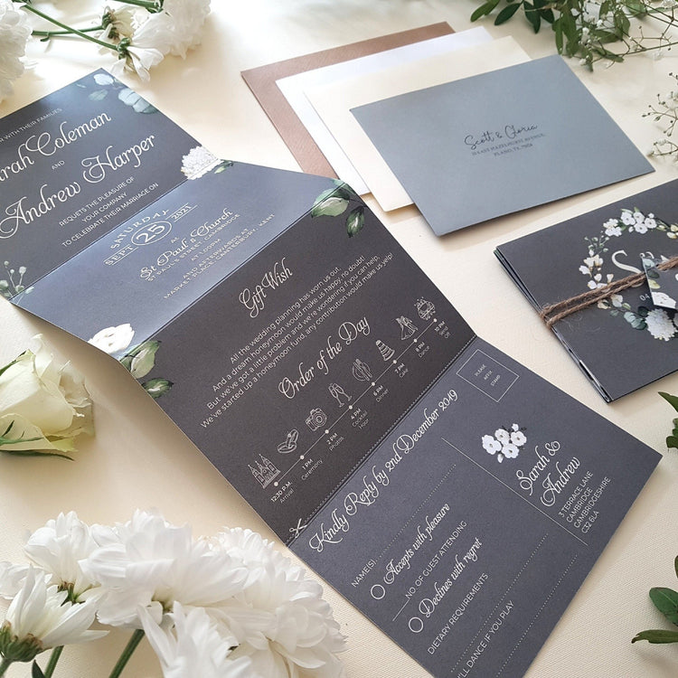 Grey & White Floral Wedding Invitations