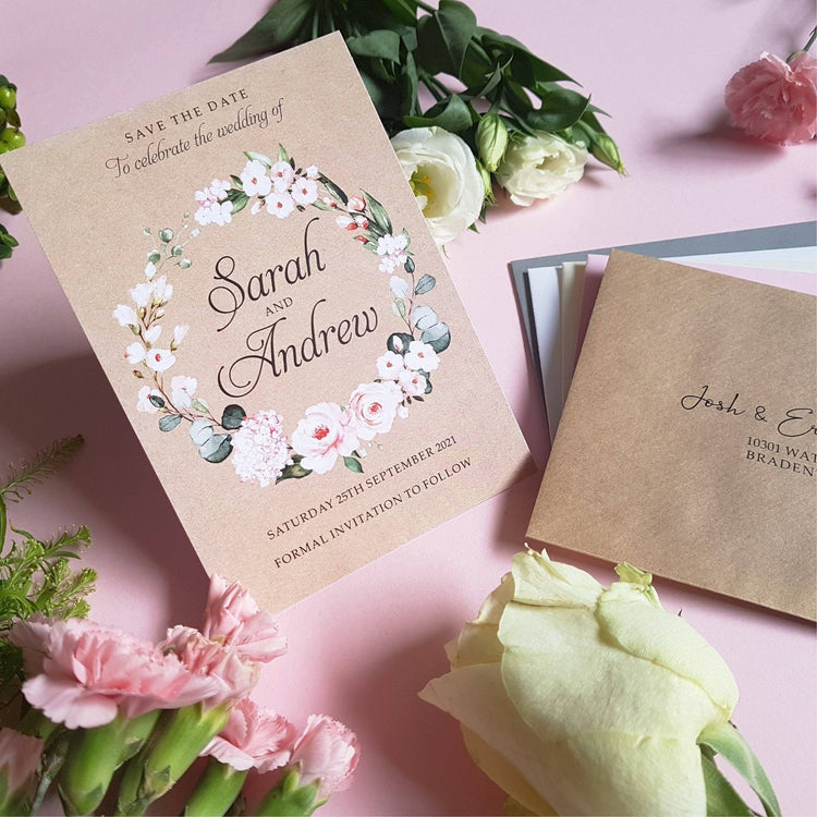 Kraft Blush floral save the date cards