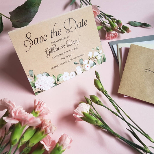 Kraft Blush floral save the date cards