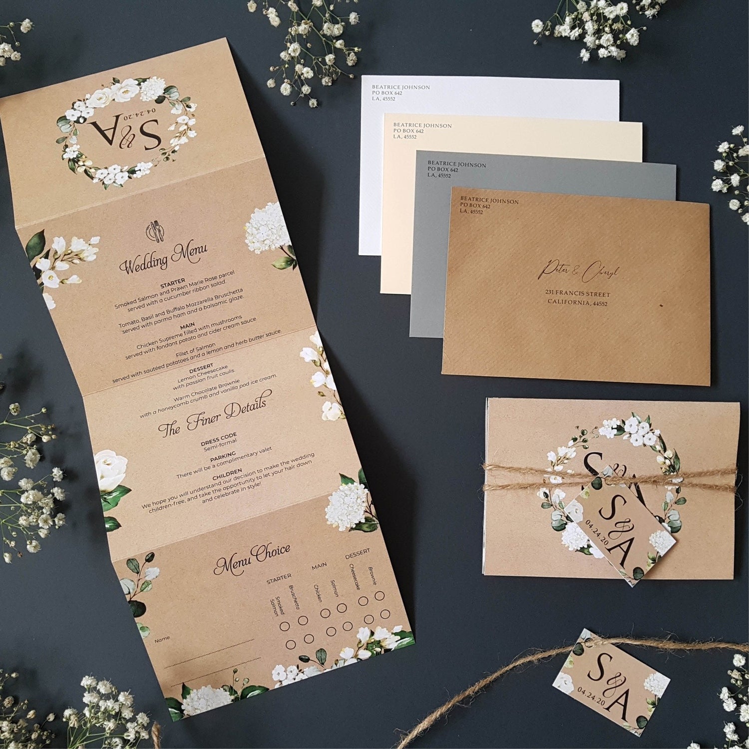 Kraft White Floral Concertina Wedding Invitations