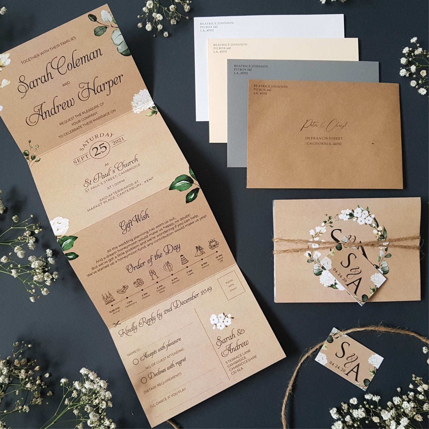 Kraft White Floral Concertina Wedding Invitations