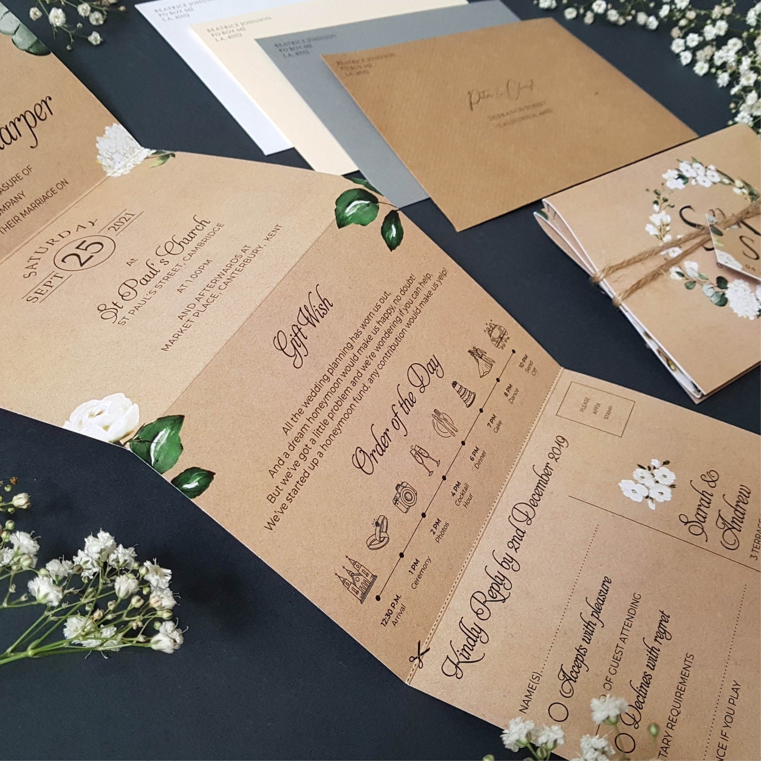 Kraft White Floral Concertina Wedding Invitations