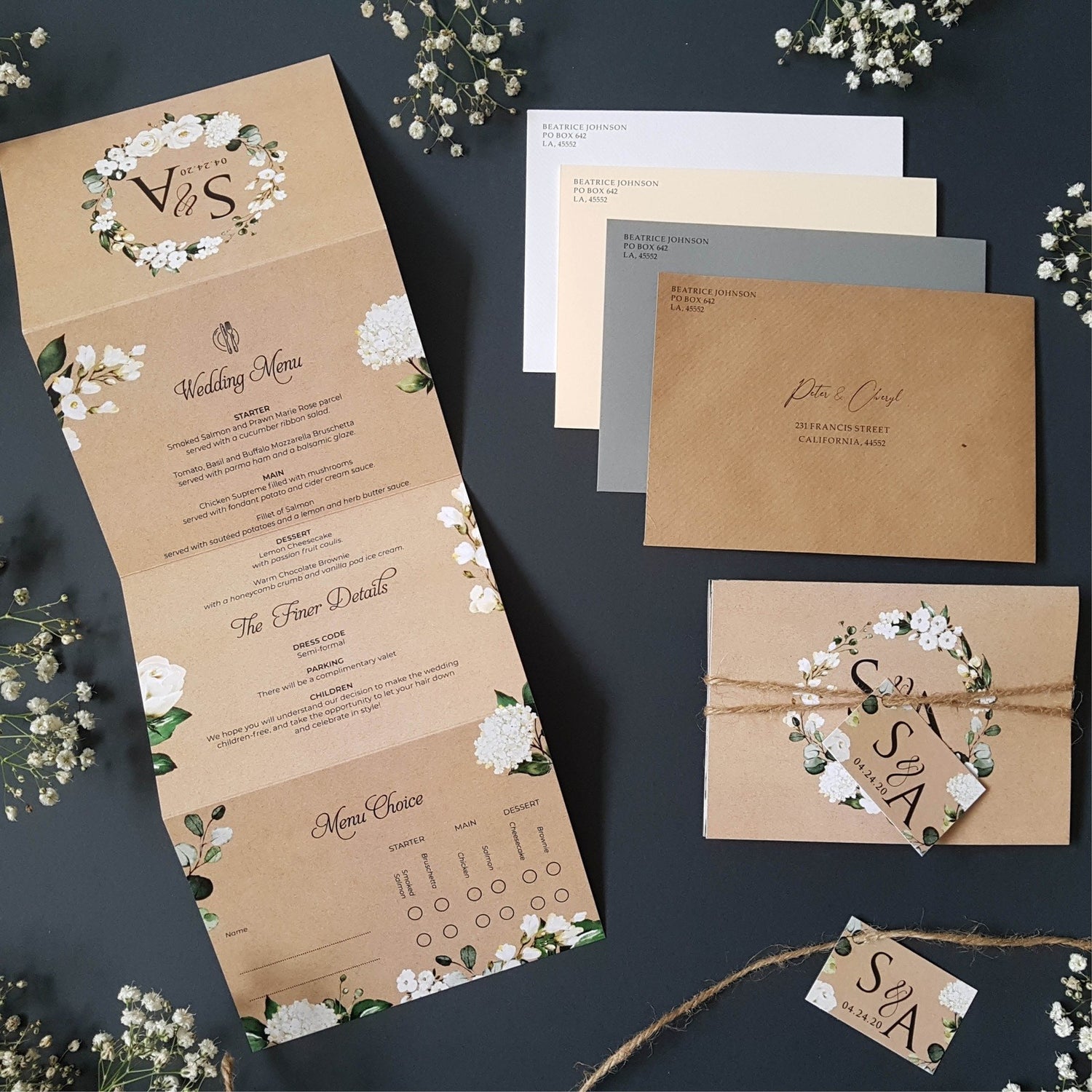 Kraft White Floral Concertina Wedding Invitations Sample