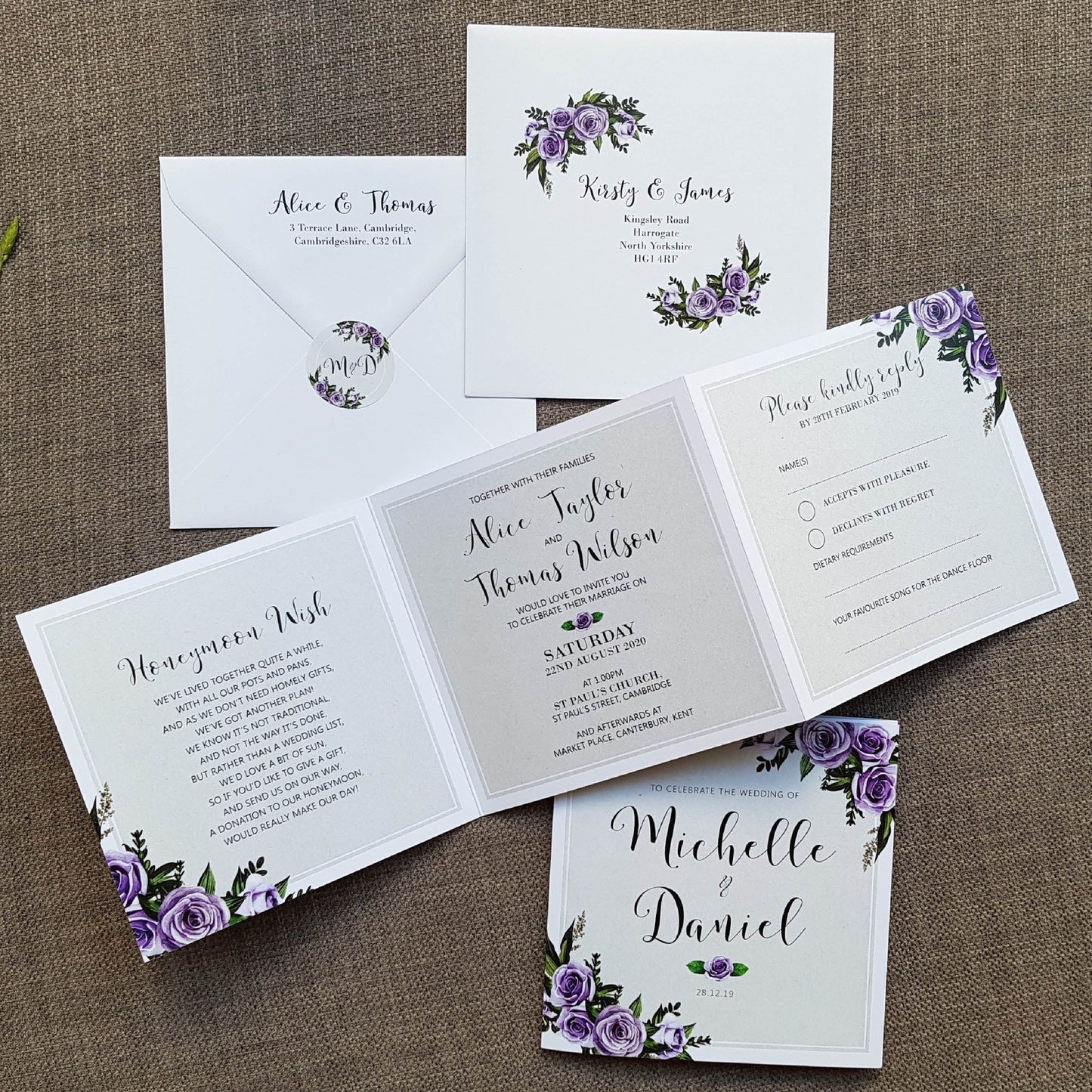 Lavender Rose Trifold Wedding and Evening Invitation