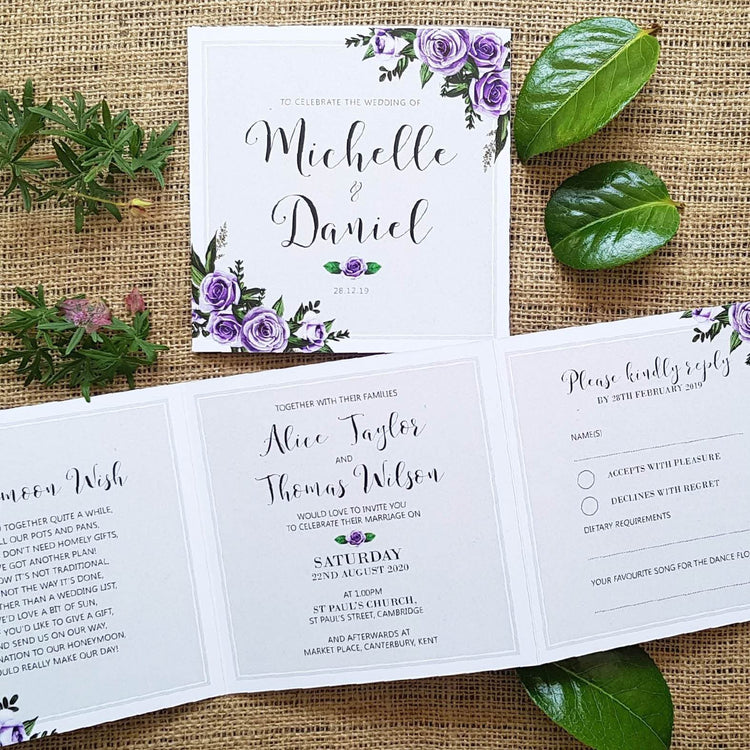 Lavender Rose Trifold Wedding and Evening Invitation