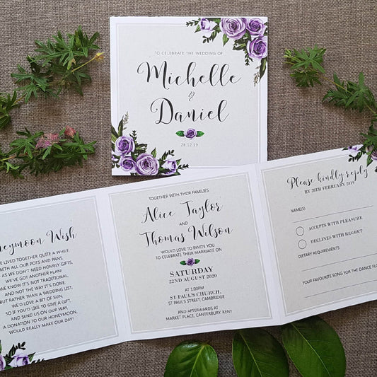 Lavender Rose Trifold Wedding and Evening Invitation