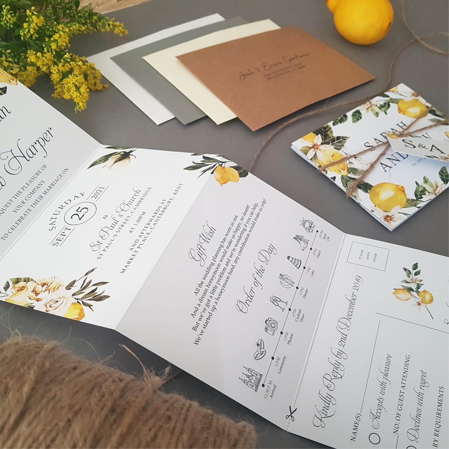 Lemon Tuscany Concertina Wedding and Evening Invitation