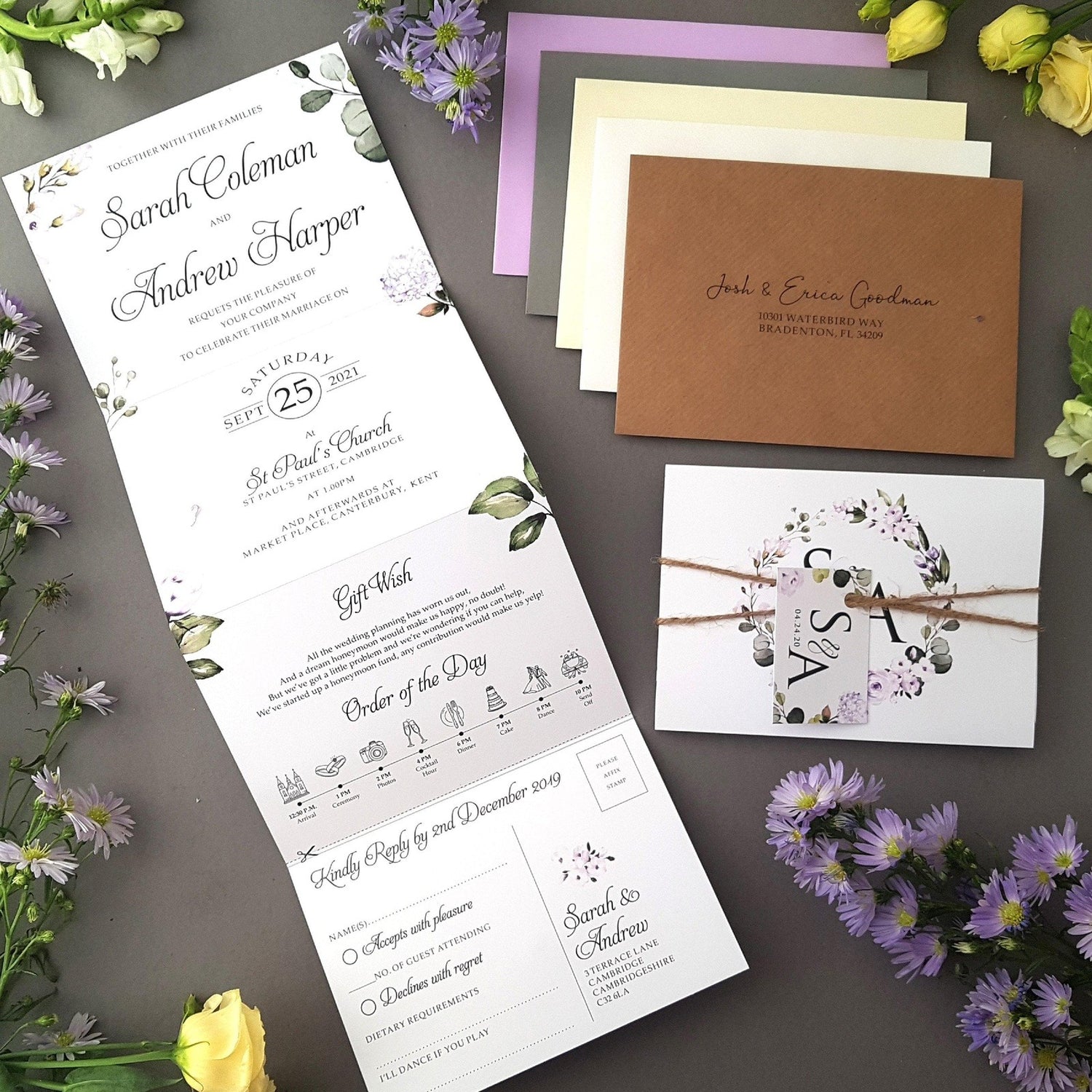Lilac Floral Concertina Wedding Invitations Sample