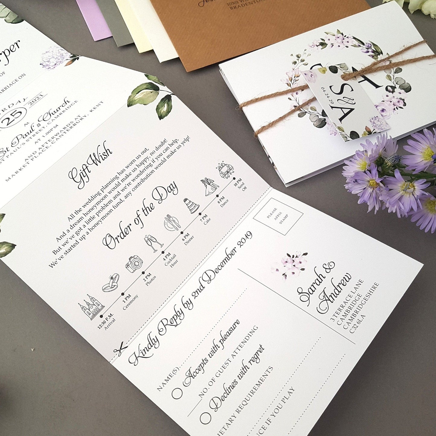 Lilac Floral Concertina Wedding Invitations Sample