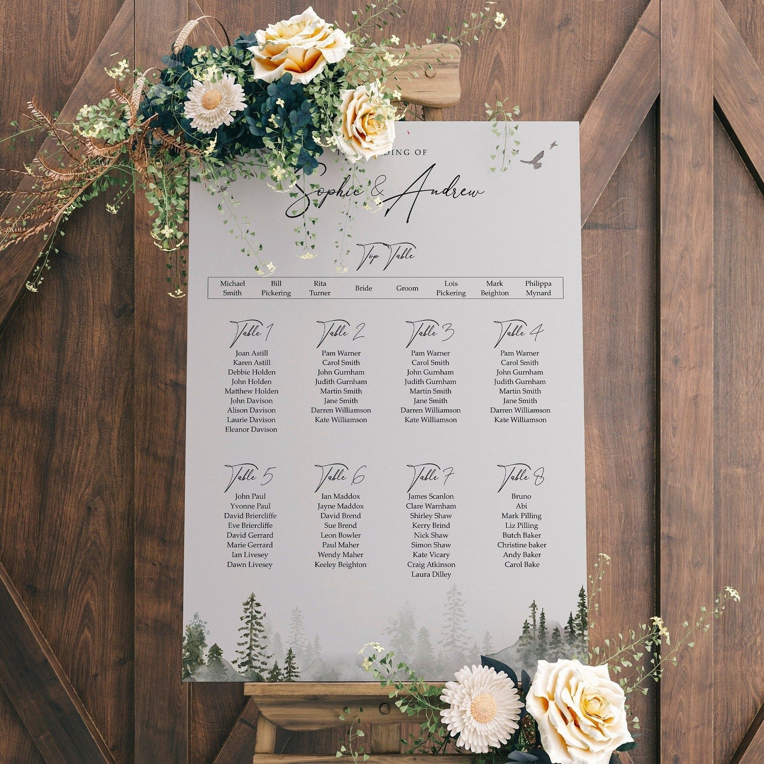 Misty Forest Wedding Seating Chart Table Plan