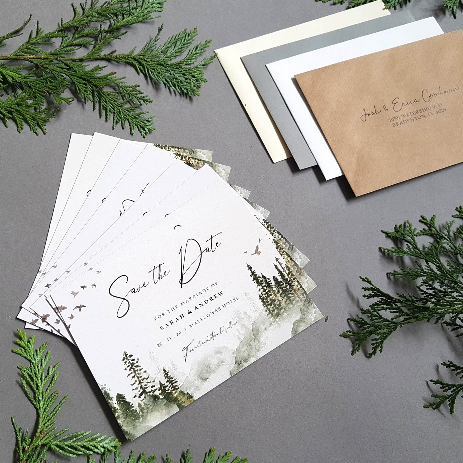 Misty forest save the date cards