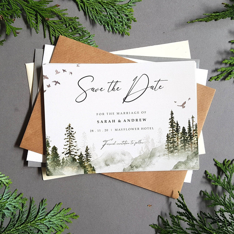 Misty forest save the date cards