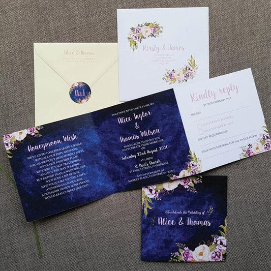 Navy Blue Floral Trifold Wedding Invitations Sample