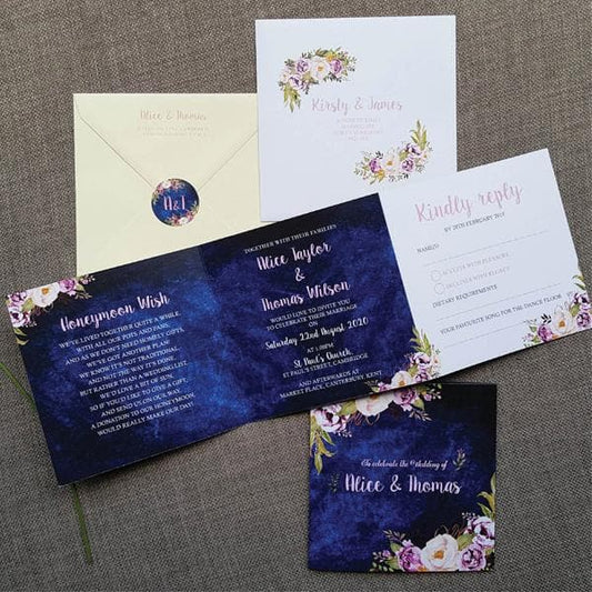 Navy Blue Floral Trifold Wedding Invitations Sample