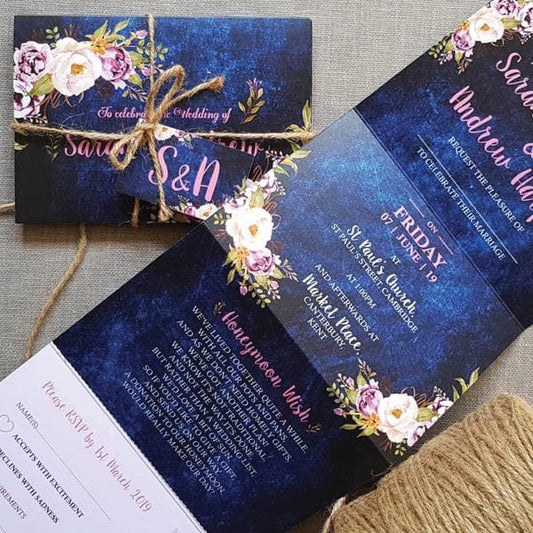 Navy Blush Floral Concertina Wedding Invitations Sample