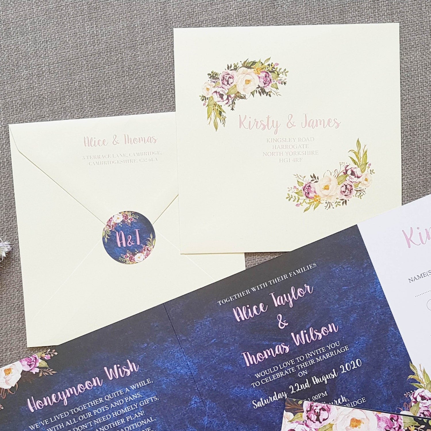 Navy Floral Trifold Wedding and Evening Invitation