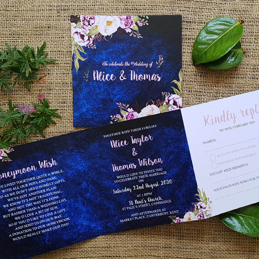 Navy Floral Trifold Wedding and Evening Invitation