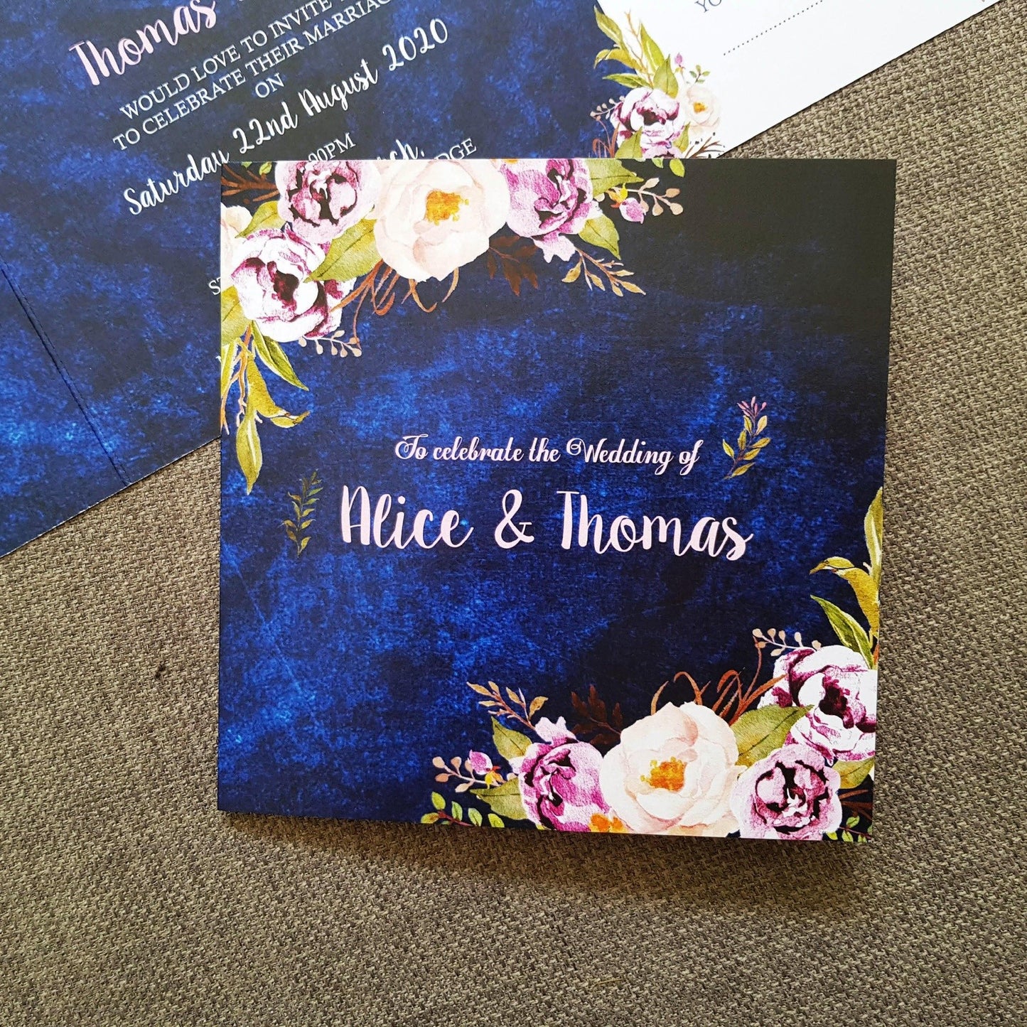 Navy Floral Trifold Wedding and Evening Invitation