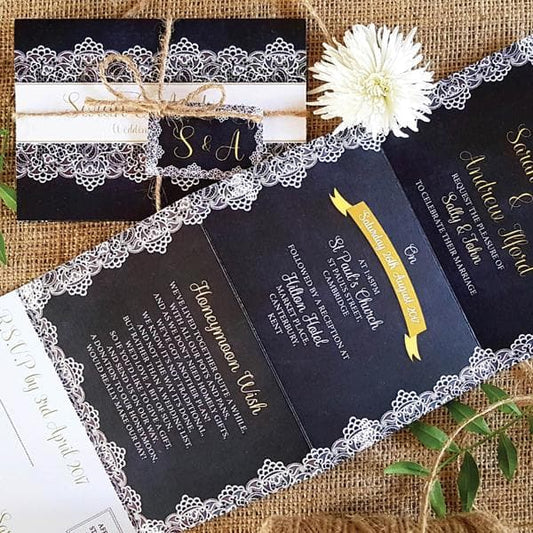 Navy Lace Concertina Wedding Invitations Sample