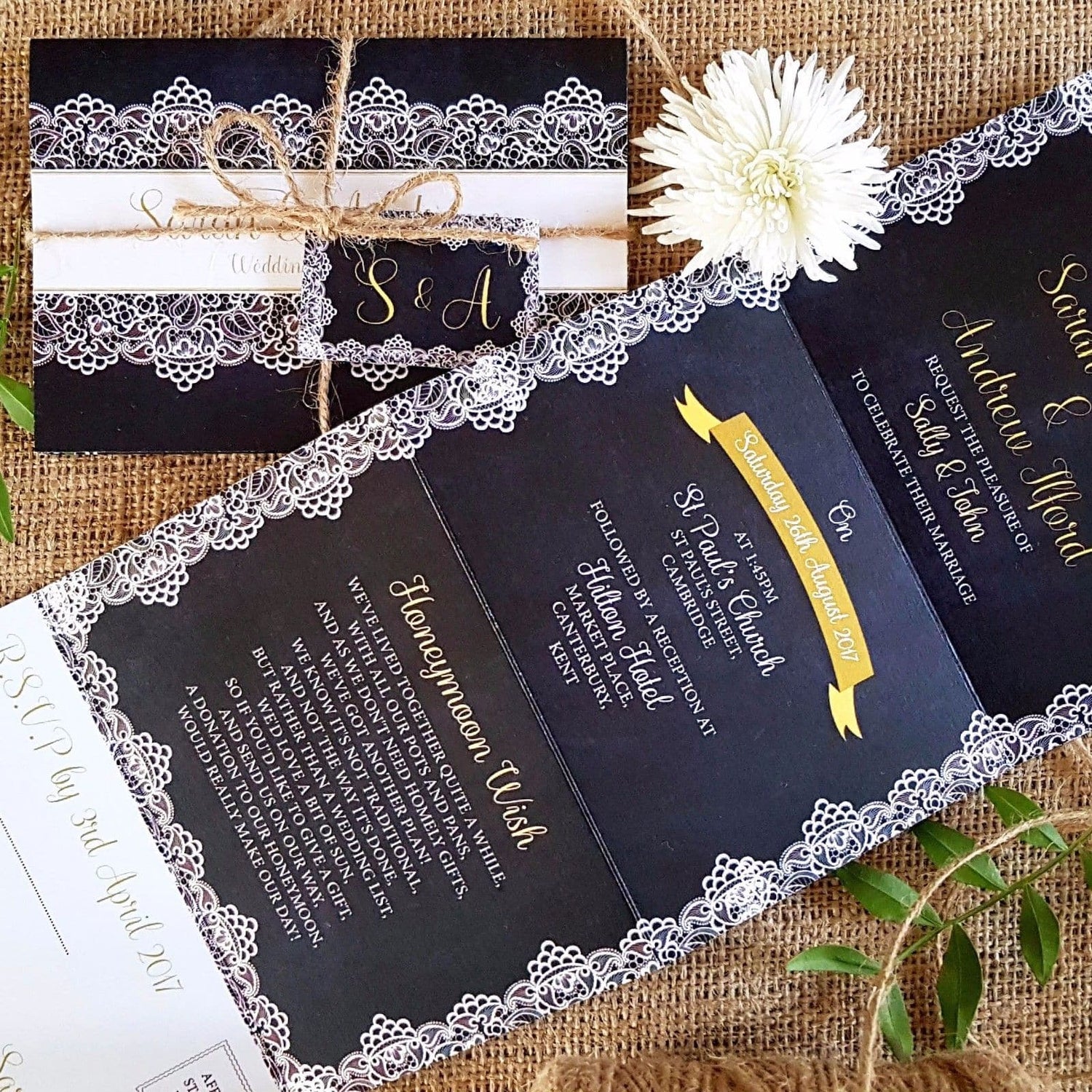 Navy Lace Vintage Concertina Wedding and Evening Invitation