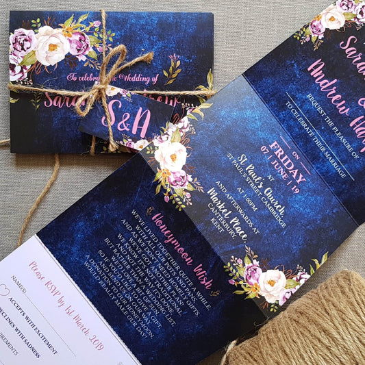 Navy Pretty Floral Concertina Wedding and Evening Invitation